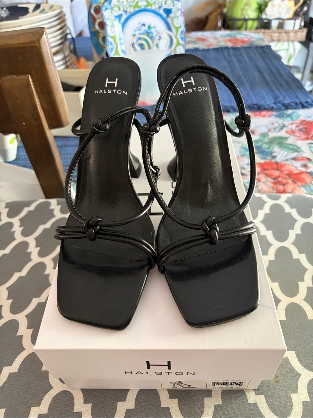 Halston Heritage Black Knotted Strap Square Toe Heels NWT
